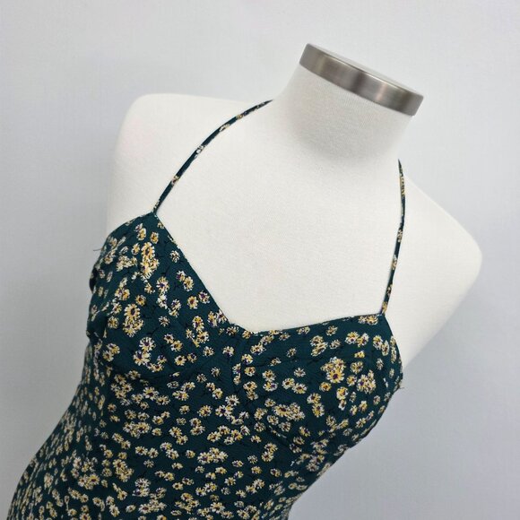 Womens L Green Yellow Floral Print Midi Dress w/Sweetheart Neckline &‎ Tie Back - Picture 4 of 13